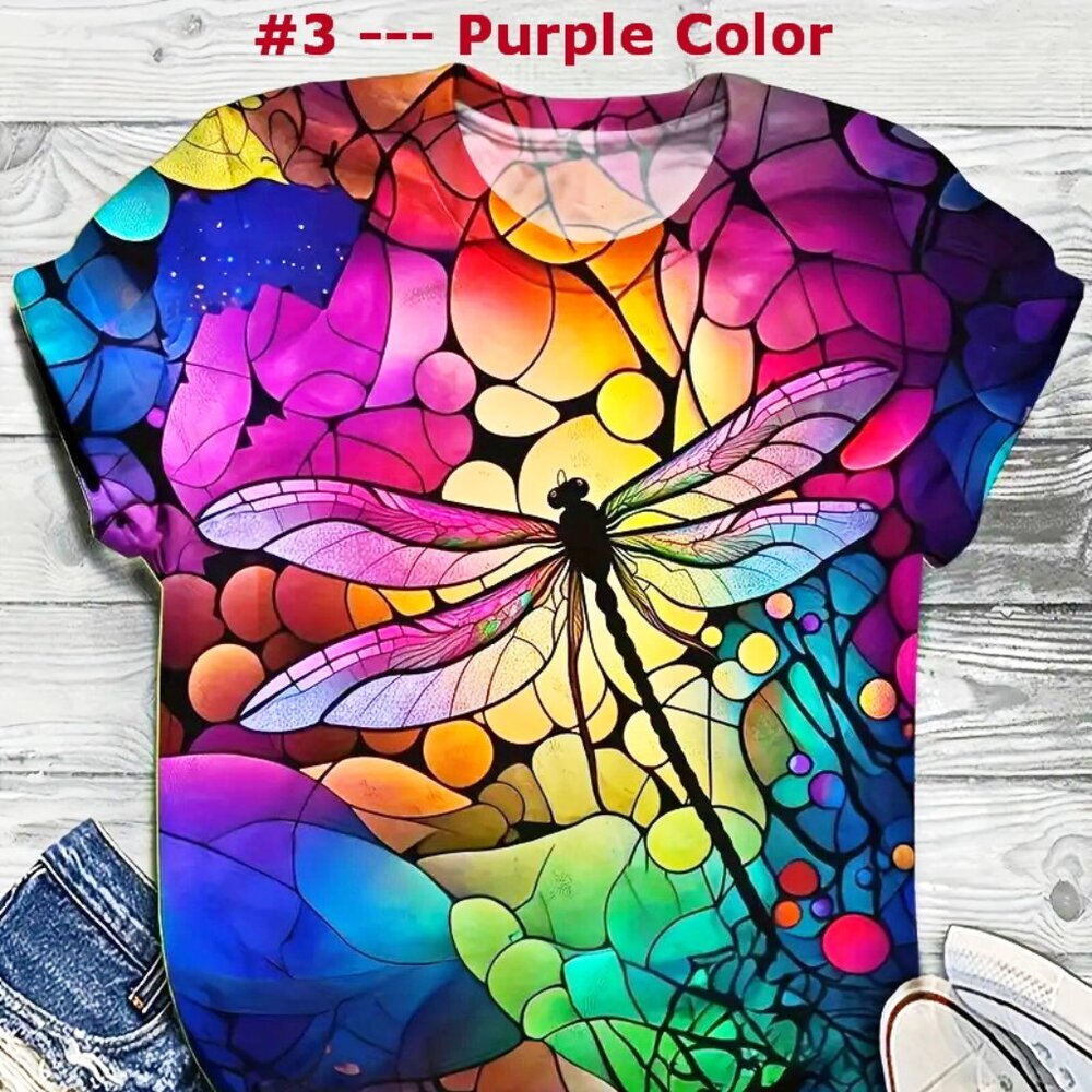 Purple Color -New- Plus Size Dragonfly Print T-Shirt Sizes 1xl , 5xl & 6xl